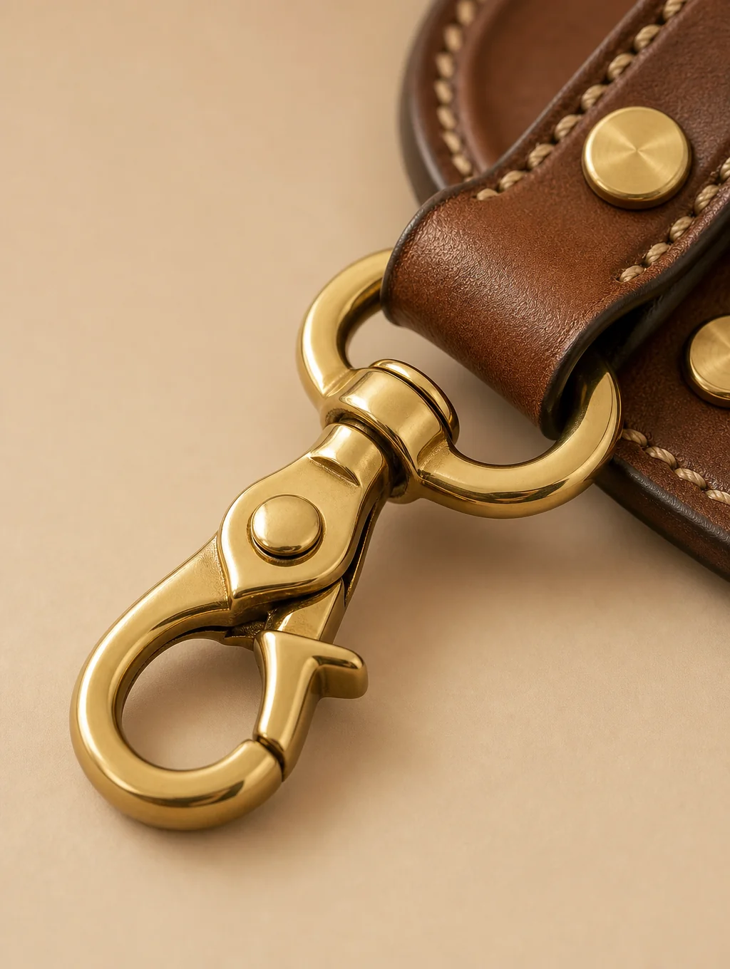 Close-up of polished custom metallic hardware and fine grain leather